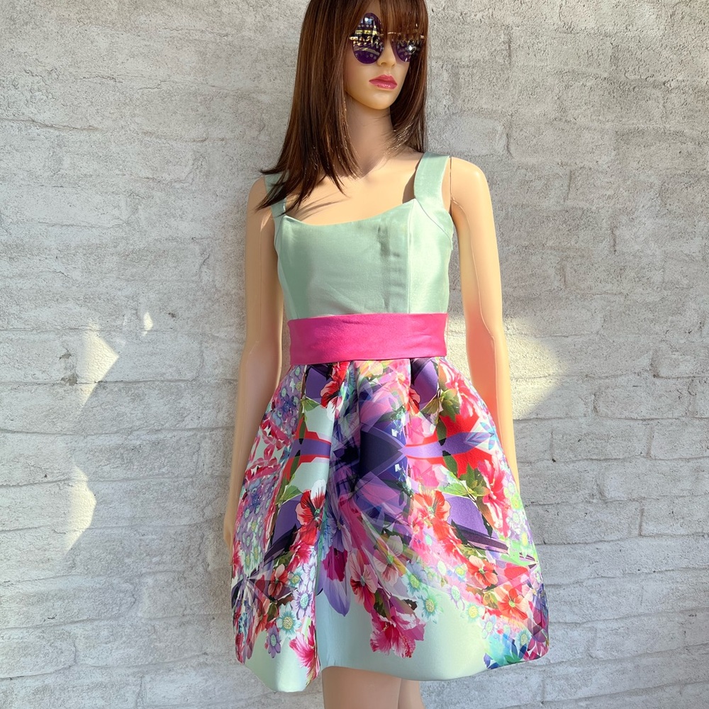 Mint Green Floral Fit-and-Flare Mini Dress with Pink Waistband